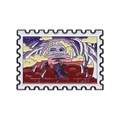 Cartoon enamel stamp pin featuring The Boiling Isles landscape with skull and red ocean - Fantasy Stamp Style (xz9851)