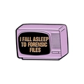 Pin esmaltado de televisión retro morado con texto I Fall Asleep To Forensic Files - Broche Con Forma De TV Retro (xz9962)