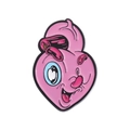 Pink cartoon heart enamel pin with tongue out and blue heart eye detail - Pink Heart with Tongue (QHXZ375)