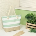 Detail of mint green striped canvas tote bag with woven rope handles and hemp base - Style B - Patchwork - Green (pre-sale 4.28)