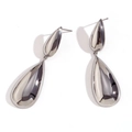 Polished silver stainless steel double water drop earrings with a mirror finish - Silver