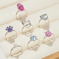 Set of 7 silver cute rings with purple cat paw, heart and pearl charms for girls - Silver Cat Paw Heart Pearl Style