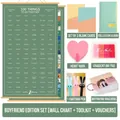 Set regalo 100 sfide per fidanzato con calendario verde e vari accessori artistici - Set Voucher Fidanzato / Pergamena di Coppia Verde