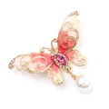 Spilla a farfalla dorata con smalto rosa, cristalli e un pendente di perla bianca - Farfalla-Rosa
