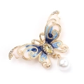 Blue enamel butterfly brooch with crystals and hanging pearl drop in gold finish - Butterfly-Blue