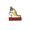 Detail of enamel unicorn brooch with pizza hat and humorous English text - Yellow Unicorn With Pizza Hat
