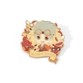 Enamel lapel pin of a cute anime character with goggles and sausage motifs on white background - Oscar