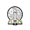 Space shuttle enamel pin with lunar planet background, sleek black and white metal badge - White Rocket