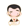 Cartoon Salvador Dali enamel pin with iconic mustache and golden name tag detail - Salvador Dali Style