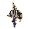 Loki helm emaille pin in goud met donkerblauwe en zwarte geometrische accenten - Blauw Zwart Geometrisch Totem Stijl (XZ719-B)