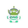 Macro view of Green Alien enamel pin with silver metal outlines and detailed space suit - Green Three-eyed Alien Style (xz1610)