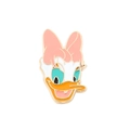 Detailed view of Daisy Duck enamel pin with gold metal outlines and pink bow accent - Cartoon Pink Bow Duck Style (xz1609)