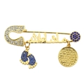 Gold Islamic brooch with Arabic calligraphy, blue rhinestone baby feet and coin charm - Gold Style with Blue Footprint (XZ1519)