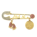 Golden Muslim baby pin with Mashallah script, pink rhinestone feet, and coin charms - Gold Style with Pink Footprint (XZ1084)