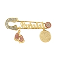 Gold Mashallah safety pin brooch with pink baby feet pendants and sparkling rhinestones - Gold Style with Pink Footprint B (XZ1186)