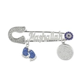 Silver Mashallah safety pin brooch with blue rhinestone baby feet and evil eye charm - Silver Style with Blue Footprint B (XZ1187)