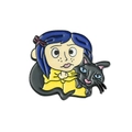 Coraline enamel pin featuring yellow raincoat girl and black cat cartoon metal badge - Yellow Raincoat Girl Holding Black Cat Style (xz2035)
