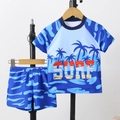 Boy's two-piece swimsuit with coconut tree SURF print and blue wavy pattern trunks - 7Y / Blue