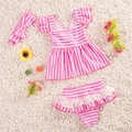 Pink and white striped girls 3-piece swimwear with ruffle top and bow headband - 2XL / Pink White Stripe (Top Bottom And Headband) / Pink