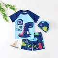 Maillot de bain 3 pièces pour garçon avec motif dinosaure bleu et bonnet assorti - 7Y / Bleu ciel