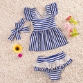 Three-piece baby girl swimwear set with blue stripes, lace trim, and matching headband - 2XL / Blue White Stripe (Top Bottom And Headband) / Blue