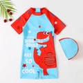 Kids quick-dry dinosaur swimsuit set with short sleeve one-piece and matching swim cap - 7Y / Red