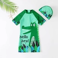 Maillot de bain une pièce enfant avec crocodile vert et bonnet de bain assorti - 7Y / Crocodile Vert Émeraude