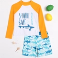 Two-piece boys long sleeve rash guard set with shark print and quick-dry fabric - 120 / Lemon Yellow