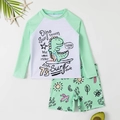 Two-piece boys long sleeve rash guard and shorts set with dinosaur surfing print - 130 / Top And Bottom / Light Green
