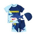 Dreiteiliges Hai-Badebekleidungsset für Jungen mit Kurzarm-Oberteil, Shorts und Badekappe - 7Y / Dunkelblau