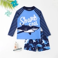 Two-piece boys long sleeve swimsuit with shark print and navy stripes on white background - 4Y / Blue