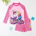 Pink unicorn long sleeve two-piece girls' swimsuit with striped shorts and summer props - 4Y / Pink