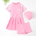 Maillot de bain trois pièces rose pour filles avec motifs marguerites et logo surf - 10 Ans / Maillot de Bain Et Shorts Et Bonnet / Rose
