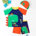 Ensemble de bain trois pièces pour garçon avec imprimé dinosaure vert et bonnet assorti - 4Y / Arc-en-ciel