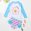 Two-piece girls long sleeve swimsuit with sun flower print and checkered ruffles - 4Y / Blue