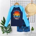 Maillot de bain deux pièces pour garçon avec imprimé plage et manches longues solaires - 8 Ans / Bleu