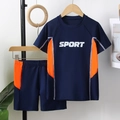 Maillot de bain deux pièces enfant bleu marine et orange avec manches courtes sport - 8 Ans / Bleu foncé