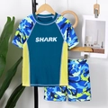 Two-piece boys swimwear set with short sleeve shark print top and matching shorts - 9Y / Aqua