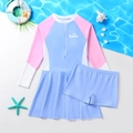 Girls long sleeve three-color sun protection swimsuit set with SUMMER print and shorts - 8Y / Blue