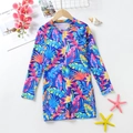 Girls long-sleeve one-piece swimsuit with tropical leaf print and front zipper - 8Y / Rainbow