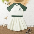Maillot de bain deux pièces pour filles avec manches courtes et jupe plissée blanche - 8 Ans / Haut Et Bas / Vert Foncé