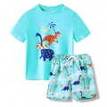 Kids two-piece dinosaur swimwear set with short sleeve rash guard and swim trunks - 4Y / Lake Blue
