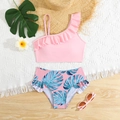 Girls two-piece swimsuit with pink ruffle top and blue leaf print bottoms for beach wear - 8Y / Pink