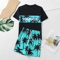 Two-piece boys quick-dry swimwear with black t-shirt and teal palm tree print shorts - 8Y / Black