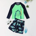 Kids long sleeve shark swimwear set with navy blue rash guard and printed shorts - S / Green