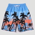 Quick-dry boys beach shorts with tropical coconut tree print and adjustable drawstring - 8Y / Blue