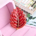 Leaf brooch with red enamel and rhinestones in a pink jewelry box for outfits - Red
