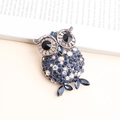 Exquisite owl safety pin brooch with deep blue rhinestones on a vintage silver base - Blue