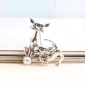 Vintage silver cat brooch with pearl accent, cute cartoon kitten design for women - Silver