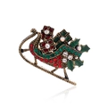 Detailansicht der Weihnachtsschlitten-Brosche mit Goldbasis und bunten Straßsteinen - Gelbgrün